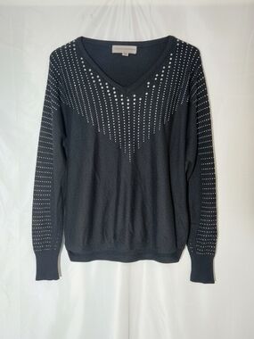 Catherine Malandrino Black V-Neck Sweater with Silver Stud Detailing